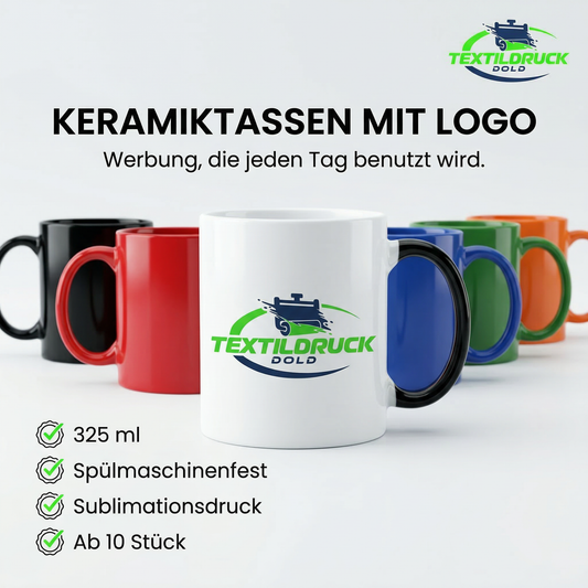 Werbetassen mit Logo bedrucken – Keramiktasse 325 ml spülmaschinenfest | Firmen & Vereine ab 10 Stück