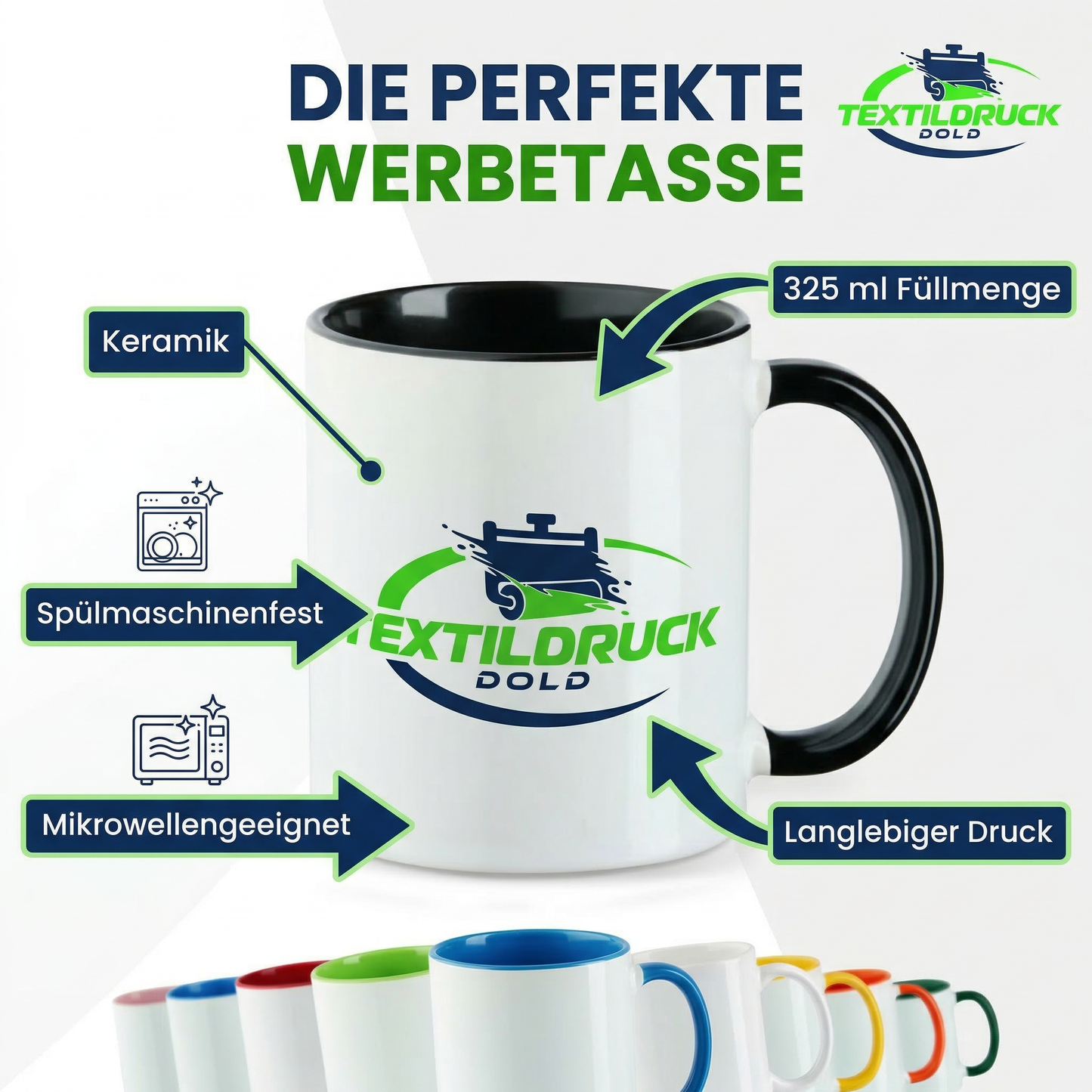 Werbetassen mit Logo bedrucken – Keramiktasse 325 ml spülmaschinenfest | Firmen & Vereine ab 10 Stück