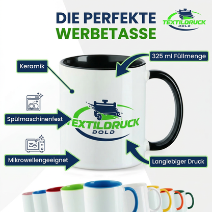 Werbetassen mit Logo bedrucken – Keramiktasse 325 ml spülmaschinenfest | Firmen & Vereine ab 10 Stück