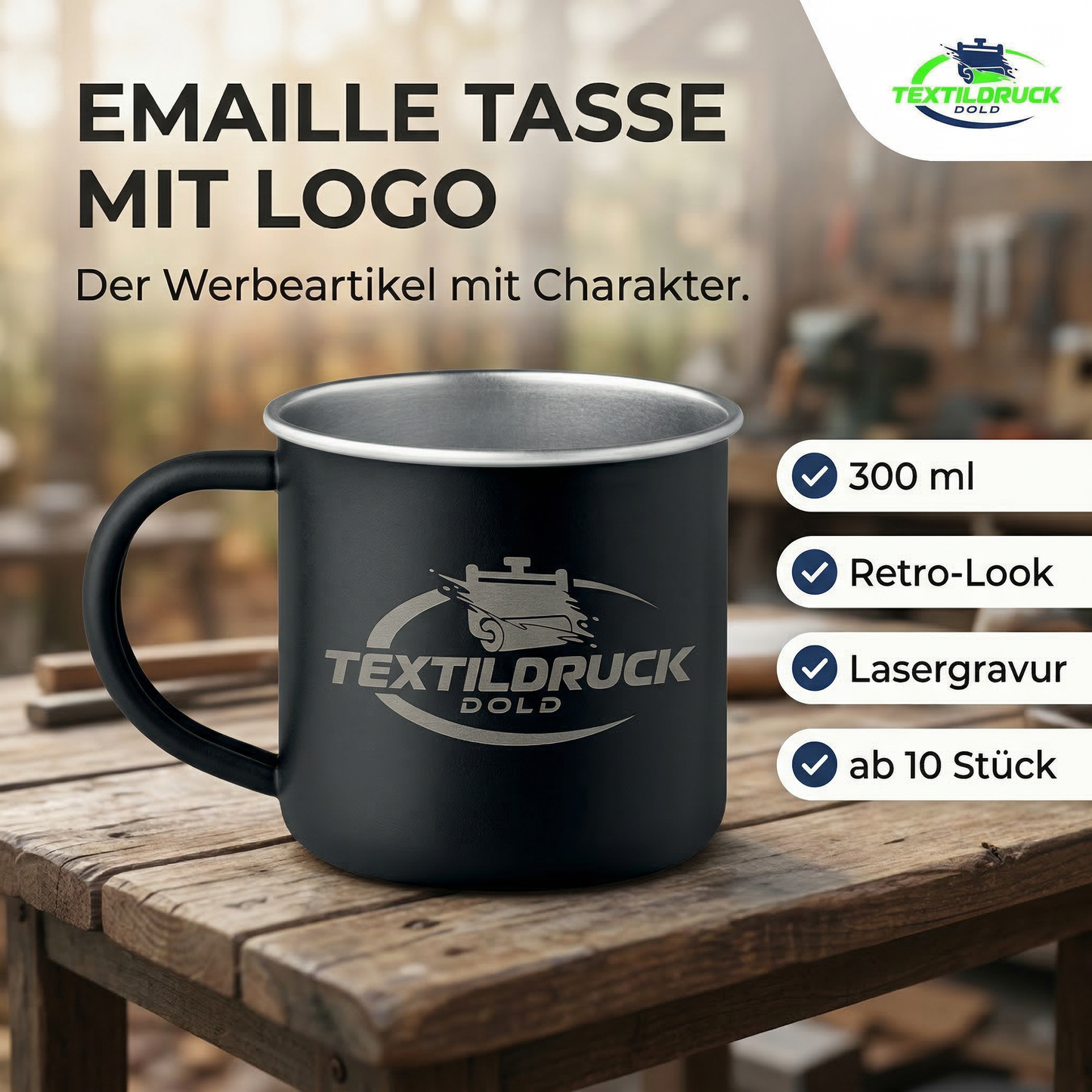 Retro Emaille Tasse mit Logo – robuster Campingbecher 300 ml | Gravur für Firmen & Vereine