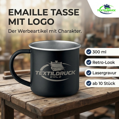 Retro Emaille Tasse mit Logo – robuster Campingbecher 300 ml | Gravur für Firmen & Vereine