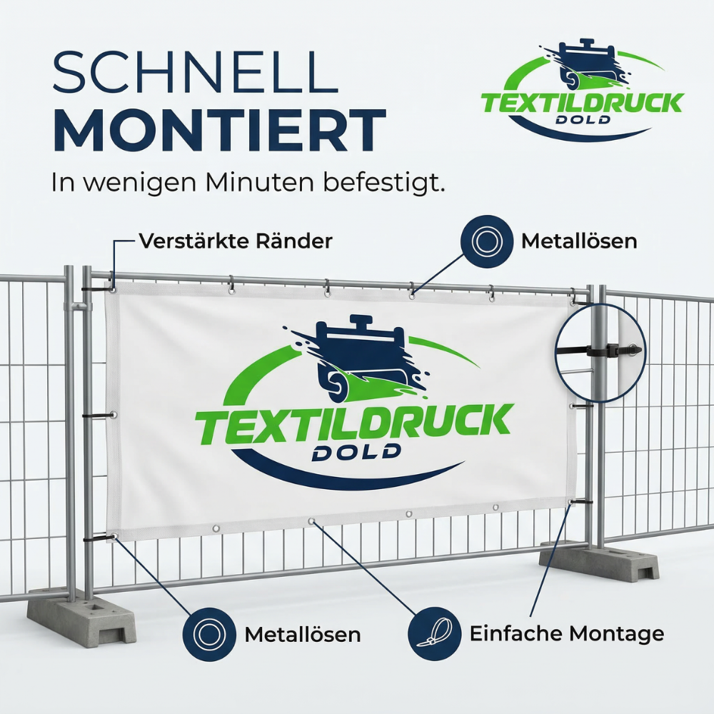 Bauzaunbanner PVC 340 × 173 cm – 510 g Frontlit, B1-zertifiziert & individuell bedruckt