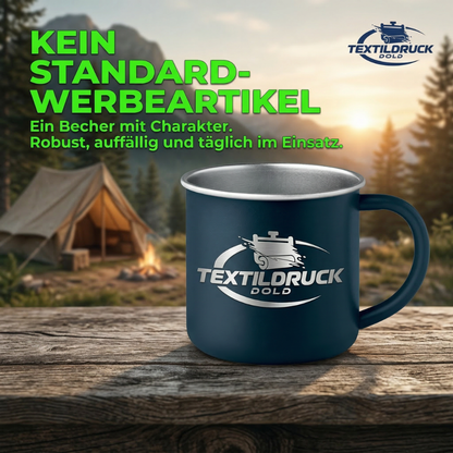 Retro Emaille Tasse mit Logo – robuster Campingbecher 300 ml | Gravur für Firmen & Vereine