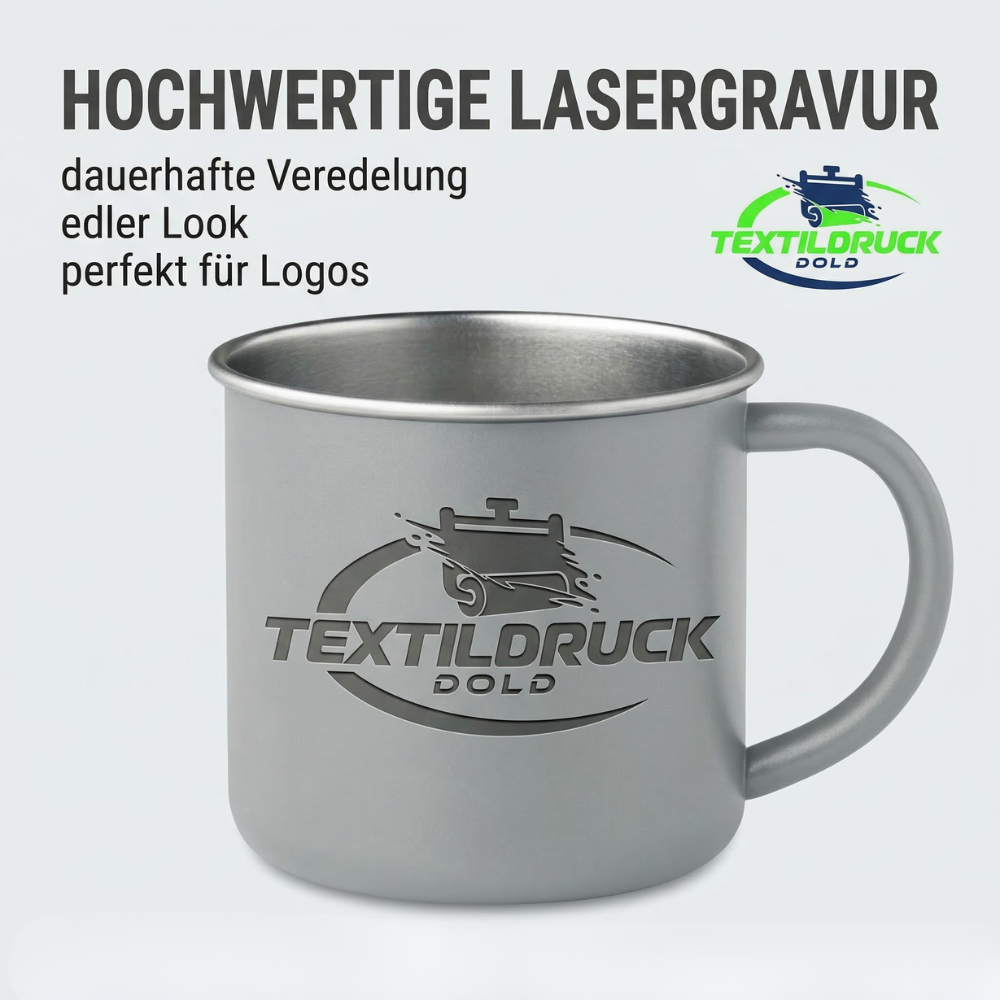 Retro Emaille Tasse mit Logo – robuster Campingbecher 300 ml | Gravur für Firmen & Vereine
