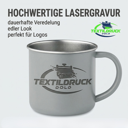 Retro Emaille Tasse mit Logo – robuster Campingbecher 300 ml | Gravur für Firmen & Vereine