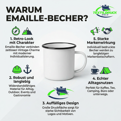 Retro Emaille Tasse mit Logo – robuster Campingbecher 300 ml | Gravur für Firmen & Vereine